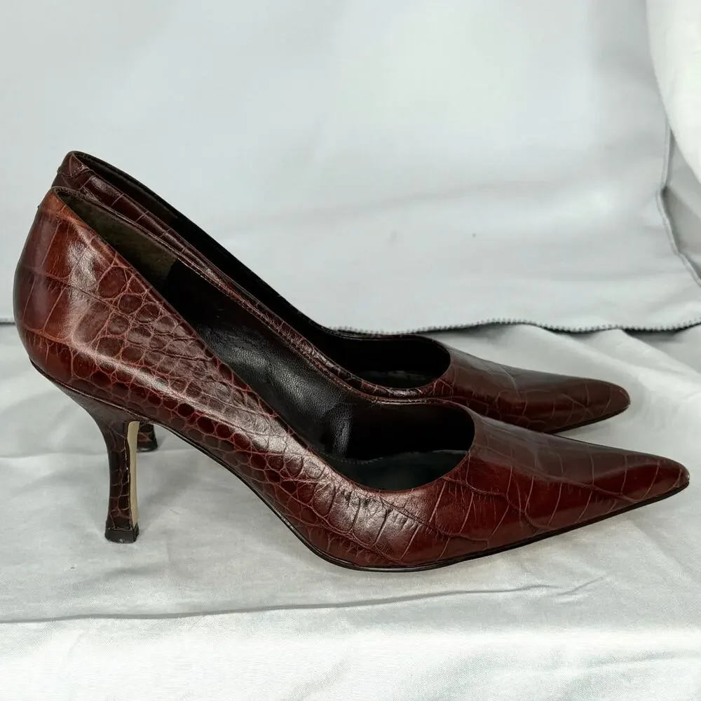 Nine West Brown Pointed Toe Pumps | Faux Croc | Size 5M